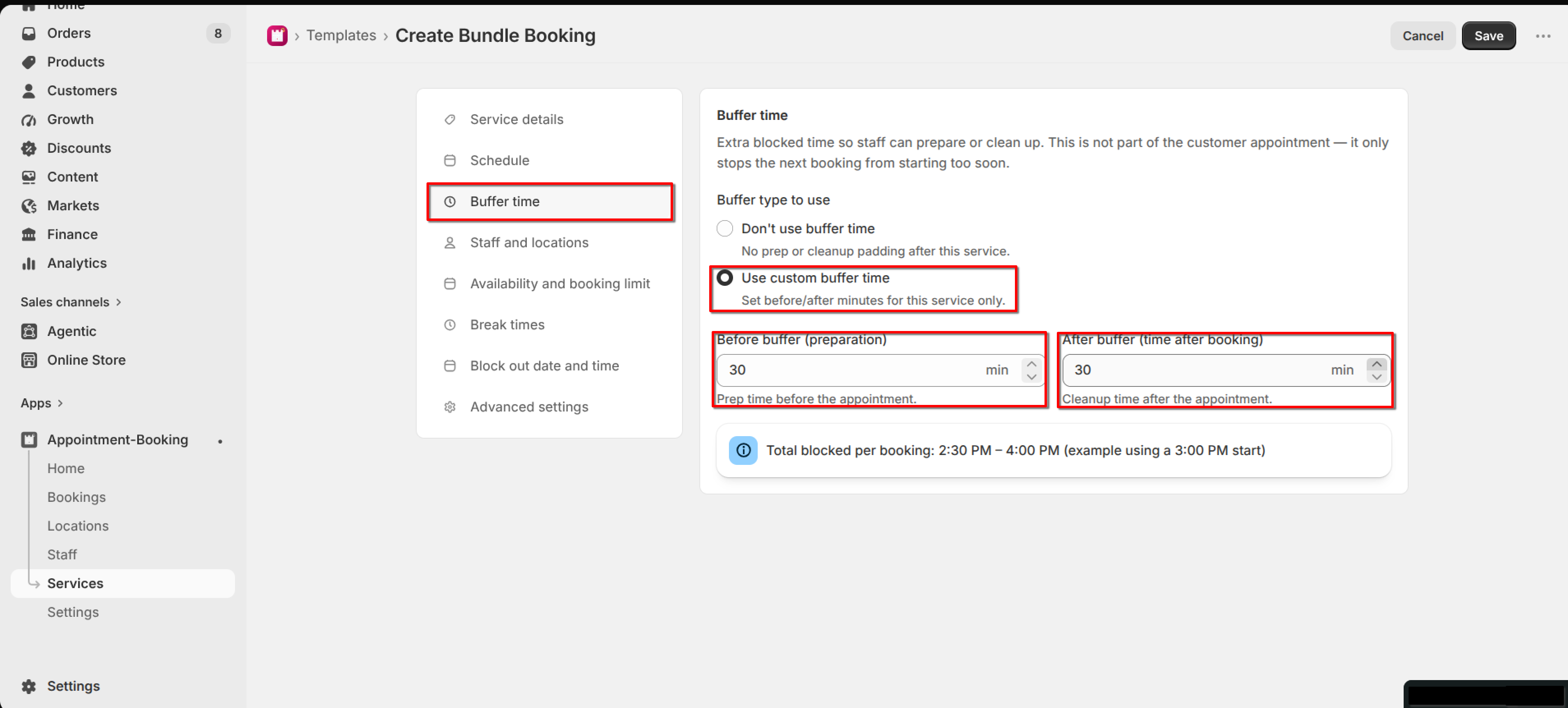 Buffer time tab with "Use custom buffer time" selected and Before buffer and After buffer fields set to 30 minutes each